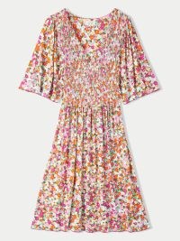 JIGSAW Rainbow Floral Smocked Dress – women’s V-neck flower print dresses