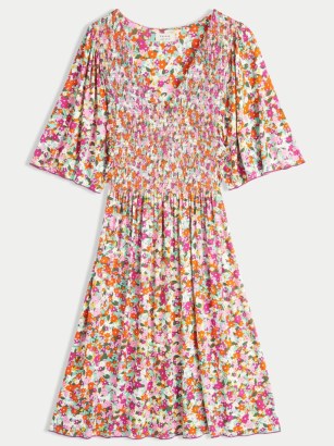 JIGSAW Rainbow Floral Smocked Dress – women’s V-neck flower print dresses - flipped