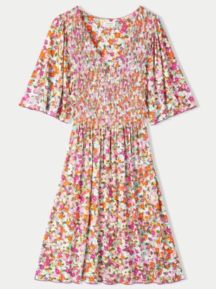 JIGSAW Rainbow Floral Smocked Dress – women’s V-neck flower print dresses