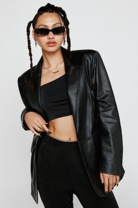NASTY GAL Real Leather Single Breasted Blazer Black ~ women’s 90s style blazers ~ womens on-trend jackets - flipped