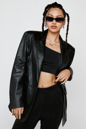 NASTY GAL Real Leather Single Breasted Blazer Black ~ women’s 90s style blazers ~ womens on-trend jackets