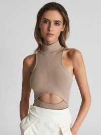 REISS ABIGAIL CUT-OUT SLEEVELESS BODY MINK – contemporary high neck cut out bodysuits – women’s chic cutout clothes