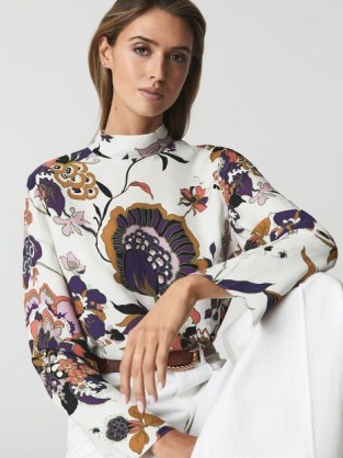 REISS ANNIE RETRO PRINT BLOUSE – chic long sleeve high neck blouses / relaxed shift silhouette tops / womens clothes with bold floral prints / add white flares and a pair of strappy wedges for a chic 70s inspired summer look - flipped