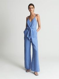 REISS ANA LINEN JUMPSUIT BLUE / sleeveless front tie waist linen jumpsuits / chic summer occasion clothes