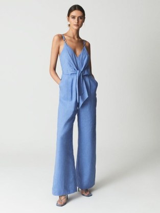 REISS ANA LINEN JUMPSUIT BLUE / sleeveless front tie waist linen jumpsuits / chic summer occasion clothes - flipped