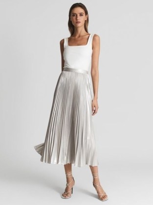REISS ELLE Metallic Pleat Skirt Silver ~ luxe pleated midi skirts - flipped