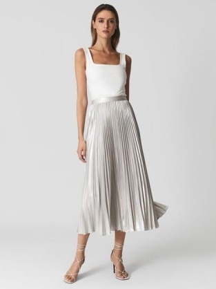 REISS ELLE Metallic Pleat Skirt Silver ~ luxe pleated midi skirts