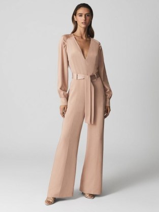 REISS LSA LONG SLEEVE WIDE LEG JUMPSUIT ~ pink deep V plunge front tie waist jumpsuits ~ occasion fashion with plunging neckline ~ confident event clothes - flipped