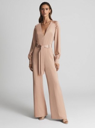 REISS LSA LONG SLEEVE WIDE LEG JUMPSUIT ~ pink deep V plunge front tie waist jumpsuits ~ occasion fashion with plunging neckline ~ confident event clothes