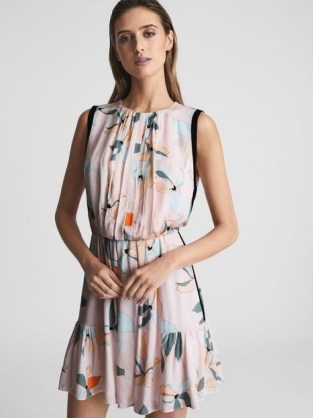 REISS JACQUELINE LEAF PRINT MINI DRESS / sleeveless chinched waist tiered hem dresses / feminine floral print summer clothes