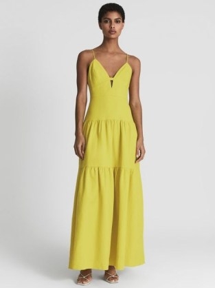 REISS FRIDA STRAPPY LINEN MAXI DRESS – spaghetti strap plunge front summer occasion dresses – tiered special event clothes - flipped
