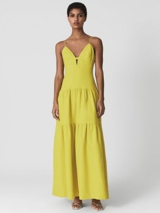 REISS FRIDA STRAPPY LINEN MAXI DRESS – spaghetti strap plunge front summer occasion dresses – tiered special event clothes