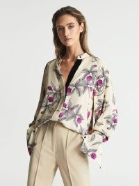 REISS TILLY ORCHID PRINT BLOUSE NEUTRAL / PINK – feminine floral grandad collar blouses