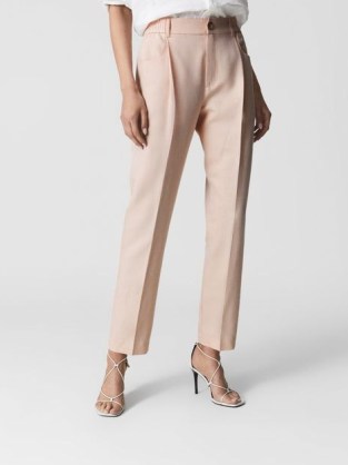 REISS SHAE LINEN BLEND PULL-ON TROUSERS in PINK / womens chic front pleat tapered pants - flipped