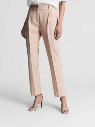 REISS SHAE LINEN BLEND PULL-ON TROUSERS in PINK / womens chic front pleat tapered pants
