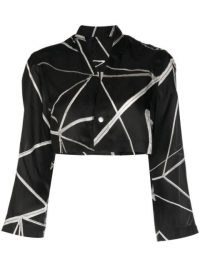 Rick Owens abstract-print cropped blouse – women’s black and white printed crop hem jackets – cropped clothes