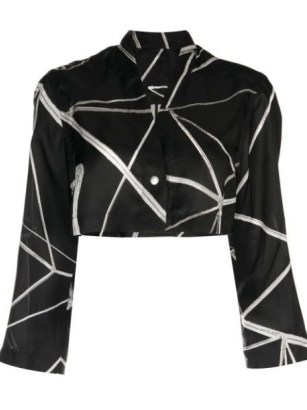 Rick Owens abstract-print cropped blouse – women’s black and white printed crop hem jackets – cropped clothes - flipped