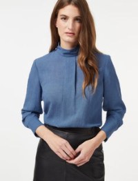 Catherine, Duchess of Cambridge blue long sleeved high neck top, CEFFINN Riley Funnel Neck Blouse in Cornflower, on a visit to Port Glasgow, Scotland, 11 May 2022 | royal fashion | Kate Middleton blouses | Kate’s wardrobe - flipped