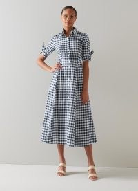 L.K. BENNETT Saffron Blue and White Cotton Dress / checked vintage style summer dresses / tie sleeve detail / women’s check print clothes