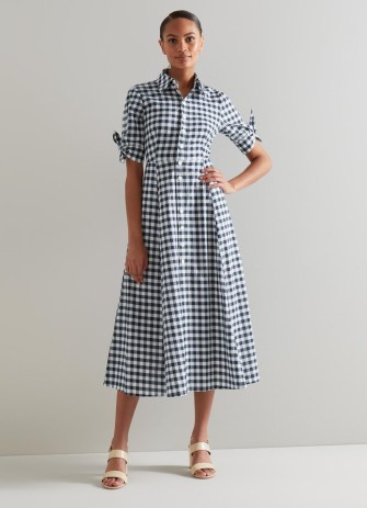 L.K. BENNETT Saffron Blue and White Cotton Dress / checked vintage style summer dresses / tie sleeve detail / women’s check print clothes - flipped