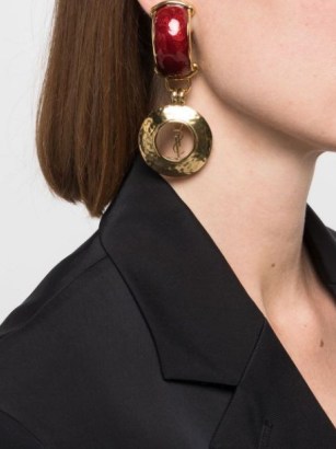 Saint Laurent two-tone clip-on drop earrings ~ red enamel and gold tone drops ~ glamorous statement jewellery - flipped