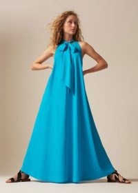 ME and EM Satin Halterneck Maxi Dress + Belt in Aqua – chic minimalist clothes ~ blue flowing halter neck dresses – voluminous lightweight fabric fashion