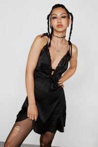 NASTY GAL Satin Lace Trim Tie Front Mini Slip Dress ~ plunging cami strap dresses ~ going out fashion