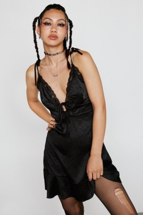 NASTY GAL Satin Lace Trim Tie Front Mini Slip Dress ~ plunging cami strap dresses ~ going out fashion - flipped