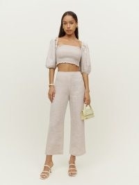 REFORMATION Scarlett Linen Two Piece in Oatmeal / chic summer fashion sets / puff sleeved crop top and trouser co-ord / women’s stylish clothing co-ords