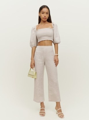 REFORMATION Scarlett Linen Two Piece in Oatmeal / chic summer fashion sets / puff sleeved crop top and trouser co-ord / women’s stylish clothing co-ords - flipped