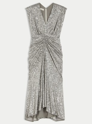 JIGSAW Sequin Ruched Midi Dress Pewter / sleeveless sequinned occasion dresses - flipped