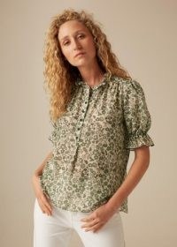 me & em Silk Cotton Flower Silhouette Blouse Summer Khaki/Chalk/Black – green floral ruffle trim blouses – feminine clothing