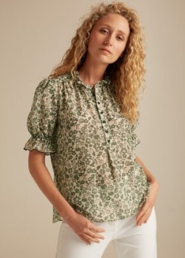 me & em Silk Cotton Flower Silhouette Blouse Summer Khaki/Chalk/Black – green floral ruffle trim blouses – feminine clothing - flipped