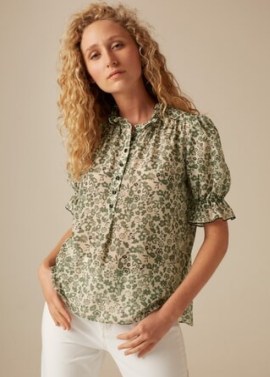me & em Silk Cotton Flower Silhouette Blouse Summer Khaki/Chalk/Black – green floral ruffle trim blouses – feminine clothing