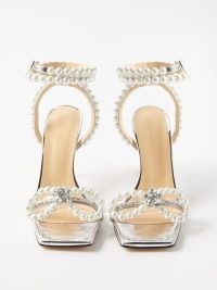 MACH & MACH Crystal & faux pearl-embellished sandals / luxe square toe high heels / glamorous evening occasion shoes / luxury event footwear