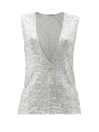 DOLCE & GABBANA Deep V-neck sequinned mesh tank top | silver sequin covered tanks | glamorous plunge front sleeveless tops