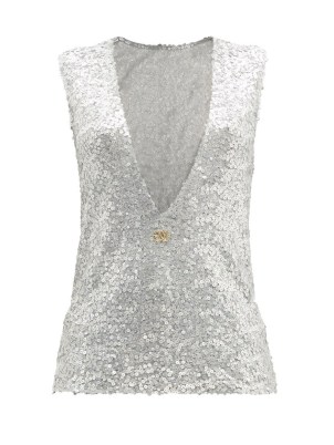 DOLCE & GABBANA Deep V-neck sequinned mesh tank top | silver sequin covered tanks | glamorous plunge front sleeveless tops - flipped