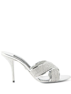 DOLCE & GABBANA Keira crystal-embellished leather mules ~ glamorous mule sandals covered in crystals ~ silver stiletto heel evening occasion shoes ~ party glamour - flipped
