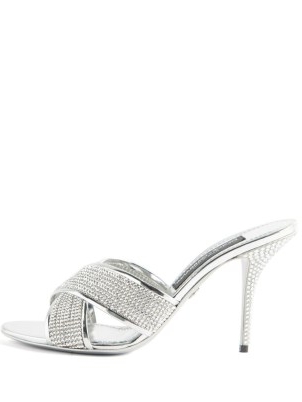 DOLCE & GABBANA Keira crystal-embellished leather mules ~ glamorous mule sandals covered in crystals ~ silver stiletto heel evening occasion shoes ~ party glamour