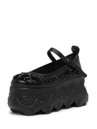 Simone Rocha Turbo applique flatform ballerinas / chunky black rubber sole Mary Jane Flatforms / floral beaded leather shoes / FARFETCH women’s footwear - flipped