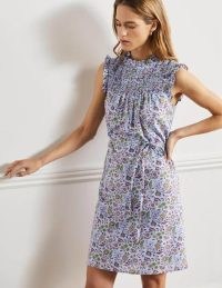 Boden Sleeveless Smocked Mini Dress Dusty Blue Oriental Meadow / feminine floral summer dresses