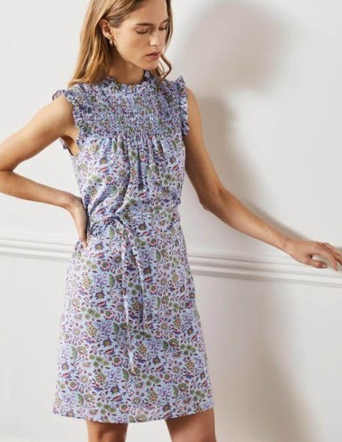Boden Sleeveless Smocked Mini Dress Dusty Blue Oriental Meadow / feminine floral summer dresses - flipped