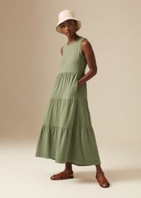 ME and EM Sleeveless Tiered Midi Dress Summer Khaki – green cotton slub jersey dresses