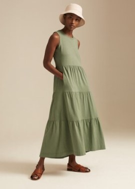 ME and EM Sleeveless Tiered Midi Dress Summer Khaki – green cotton slub jersey dresses - flipped