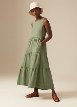 ME and EM Sleeveless Tiered Midi Dress Summer Khaki – green cotton slub jersey dresses
