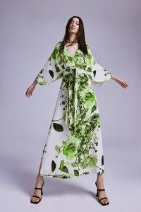 KAREN MILLEN Spring Green Botanical Bunches Woven Kimono Maxi / floral print wide sleeve tie waist occasion dresses / fresh summer event fashion