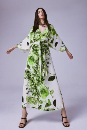 KAREN MILLEN Spring Green Botanical Bunches Woven Kimono Maxi / floral print wide sleeve tie waist occasion dresses / fresh summer event fashion - flipped