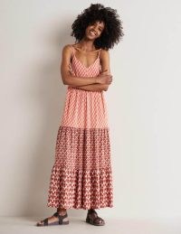Boden Strappy Jersey Maxi Dress Milkshake Woodblock Bloom / long length skinny shoulder strap mixed print dresses / women’s feminine summer clothes