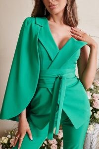 lavish alice tailored one shoulder cape jacket in spring green ~ asymmetric asymmetric obi belt statement jackets ~ women’s contemporary fashion