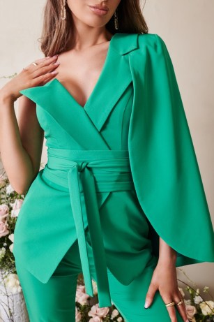 lavish alice tailored one shoulder cape jacket in spring green ~ asymmetric asymmetric obi belt statement jackets ~ women’s contemporary fashion - flipped